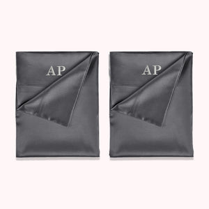 RISE Essential Embroidered Satin Pillowcase - Charcoal Grey (2 Pack)