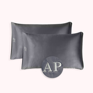 RISE Essential Embroidered Satin Pillowcase - Charcoal Grey (2 Pack)