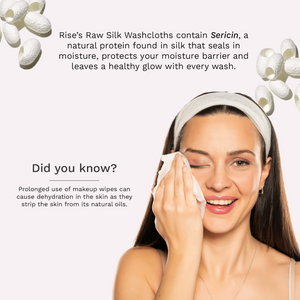 Woman smiling and cleansing face with washcloth with a "did you know" explainer about the benefits of silk