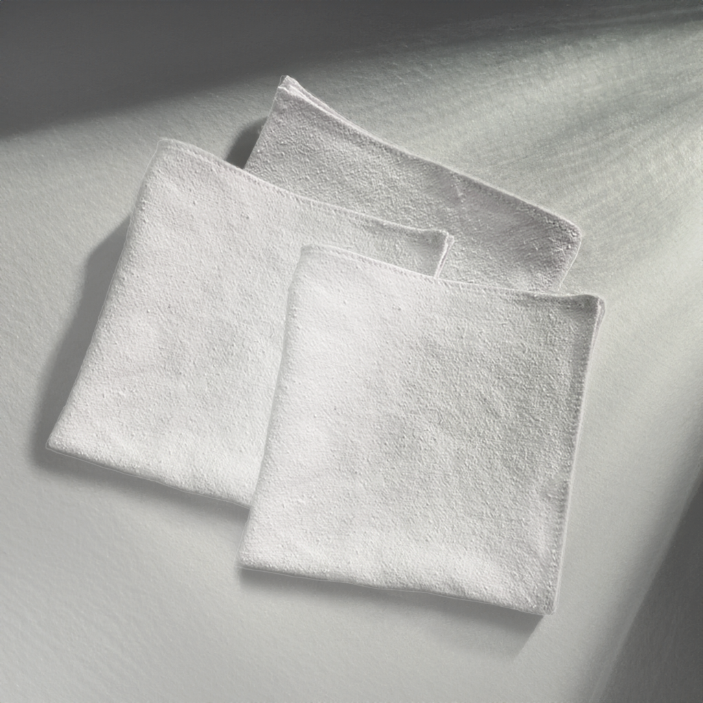 Three white folded silk washcloths