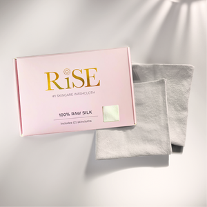 Rise silk washcloths pink box packaging and two washcloths