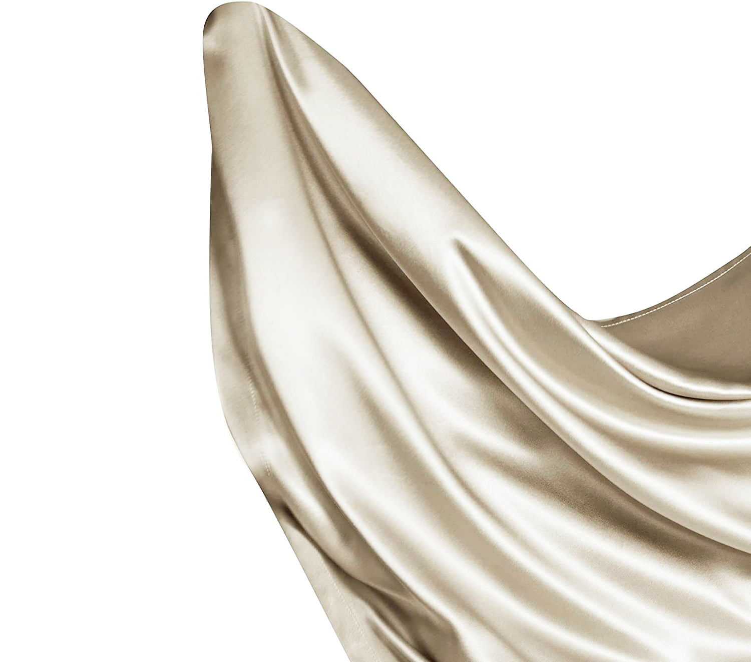 Satin fitted sheet in light gold floating in the air