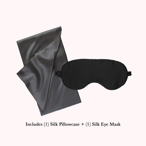 1 dark gray silk pillowcase folded and a black silk eye mask