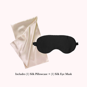 1 light gold silk pillowcase folded and a black silk eye mask