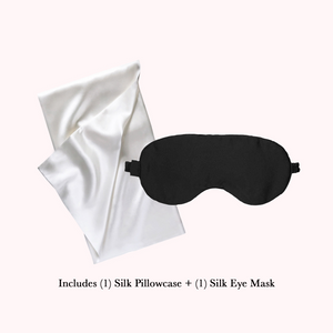 1 white silk pillowcase folded and a black silk eye mask